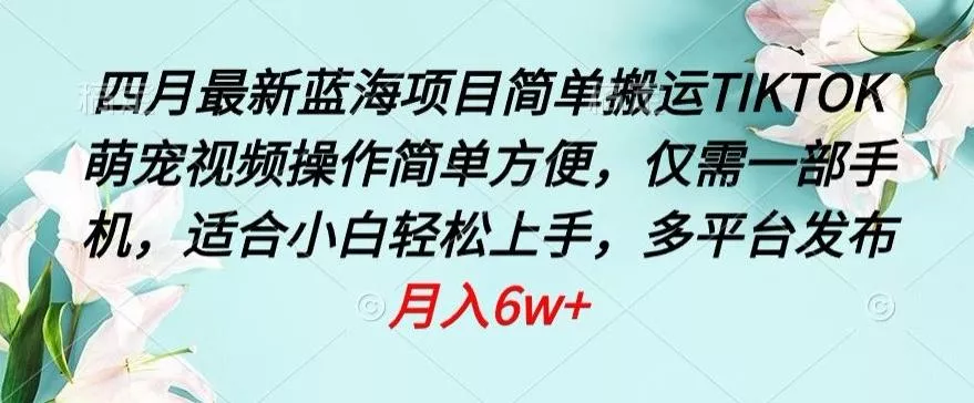 四月最新蓝海项目，简单搬运TIKTOK萌宠视频，操作简单方便，仅需一部手机【揭秘】