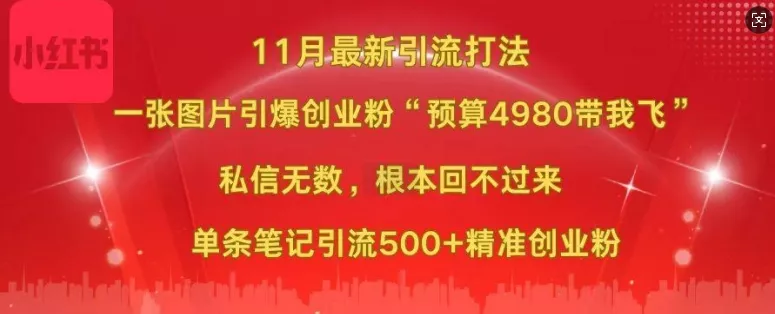 小红书11月最新图片打粉,一张图片引爆创业粉,“预算4980带我飞”,单条引流500+精准创业粉