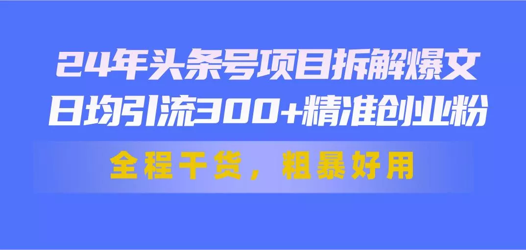 24年头条号项目拆解爆文，日均引流300+精准创业粉，全程干货，粗暴好用