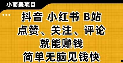 小而美的项目,抖音小红书B站视频点赞、关注、评论就能挣钱,简单无脑立见收益,妥妥的零撸项目【揭秘】